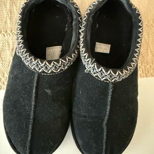 Black UGG Suede Slippers with Woven Trim